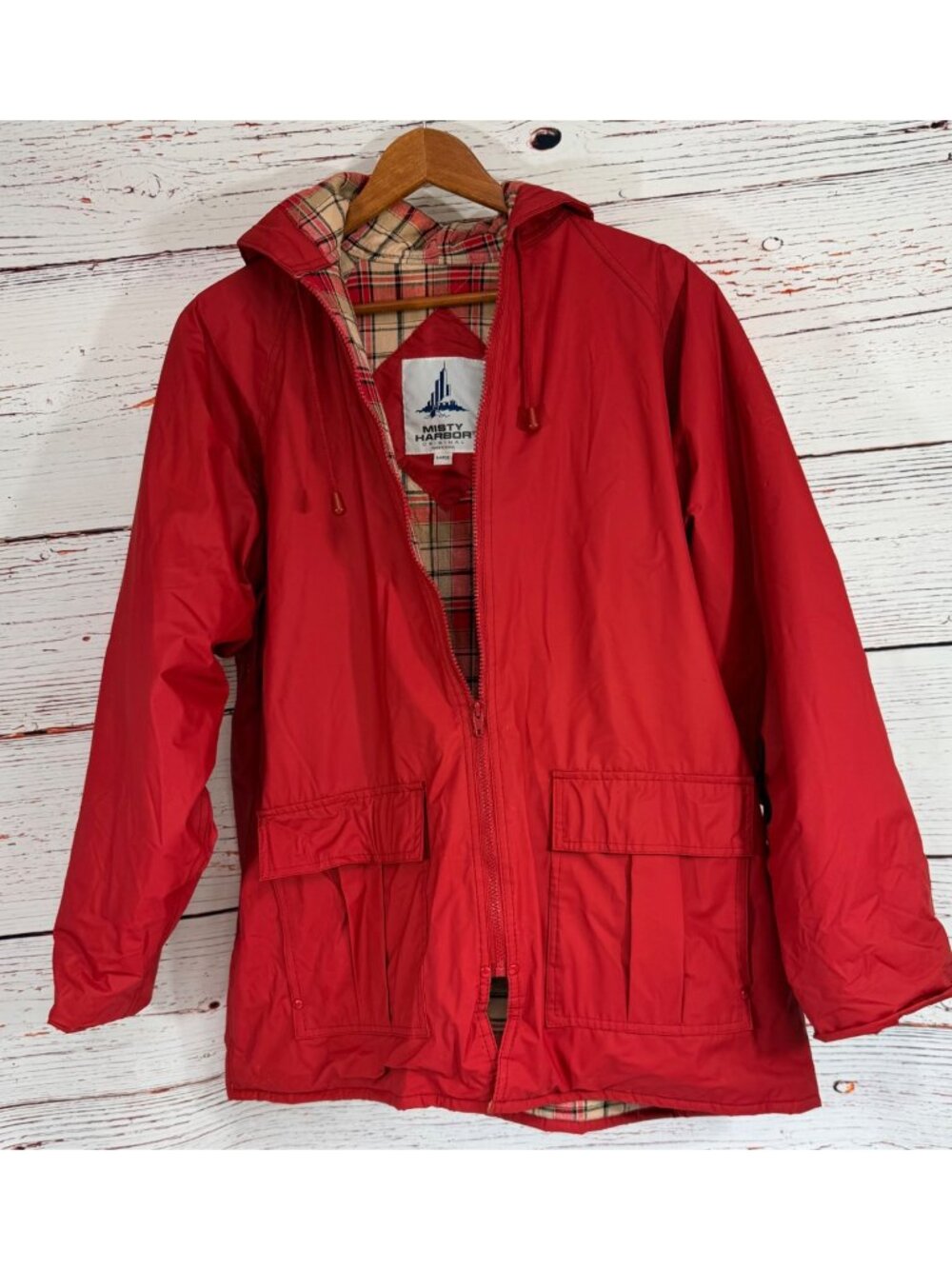 Misty Harbor Red Hooded Rain Jacket With Plaid Lining & Pockets Size Large